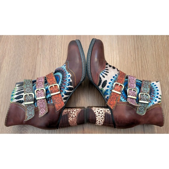 Boho Brown  Leather Artsy Western Patchwork Booties Size US 7.5 Colorful Hippie - Picture 3 of 9